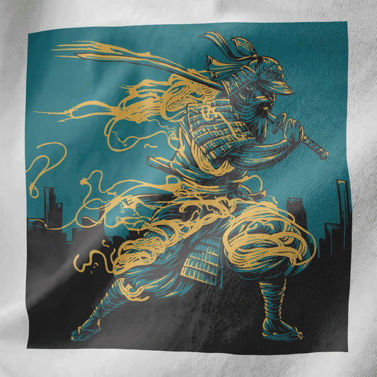 Close-up of samurai in armor with swirling ramen noodles on white t-shirt, japanese t-shirts, samurai armor.