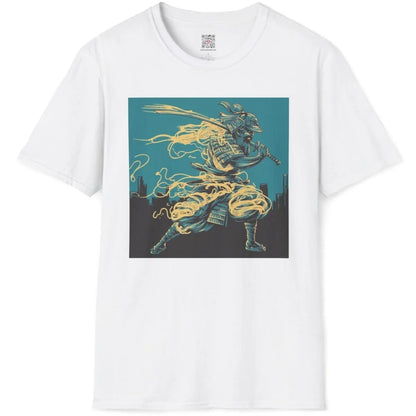 White flatlay t-shirt featuring samurai, ramen noodles, and teal background, mens streetwear style.