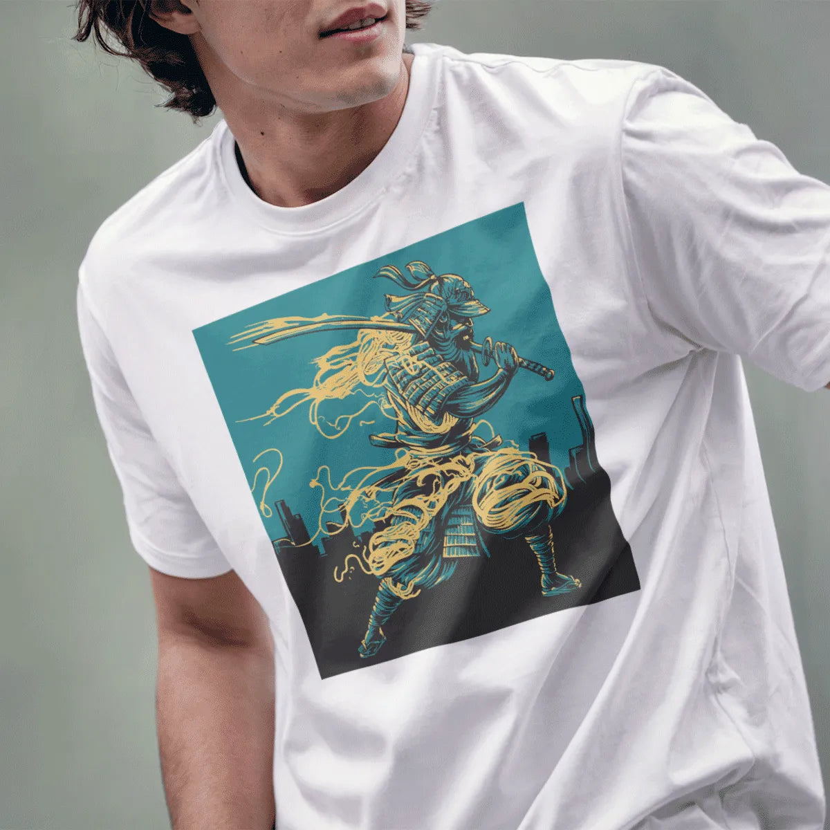 Male model in white t-shirt with samurai, katana, and golden ramen, streetwear shirts, cultural pride.
