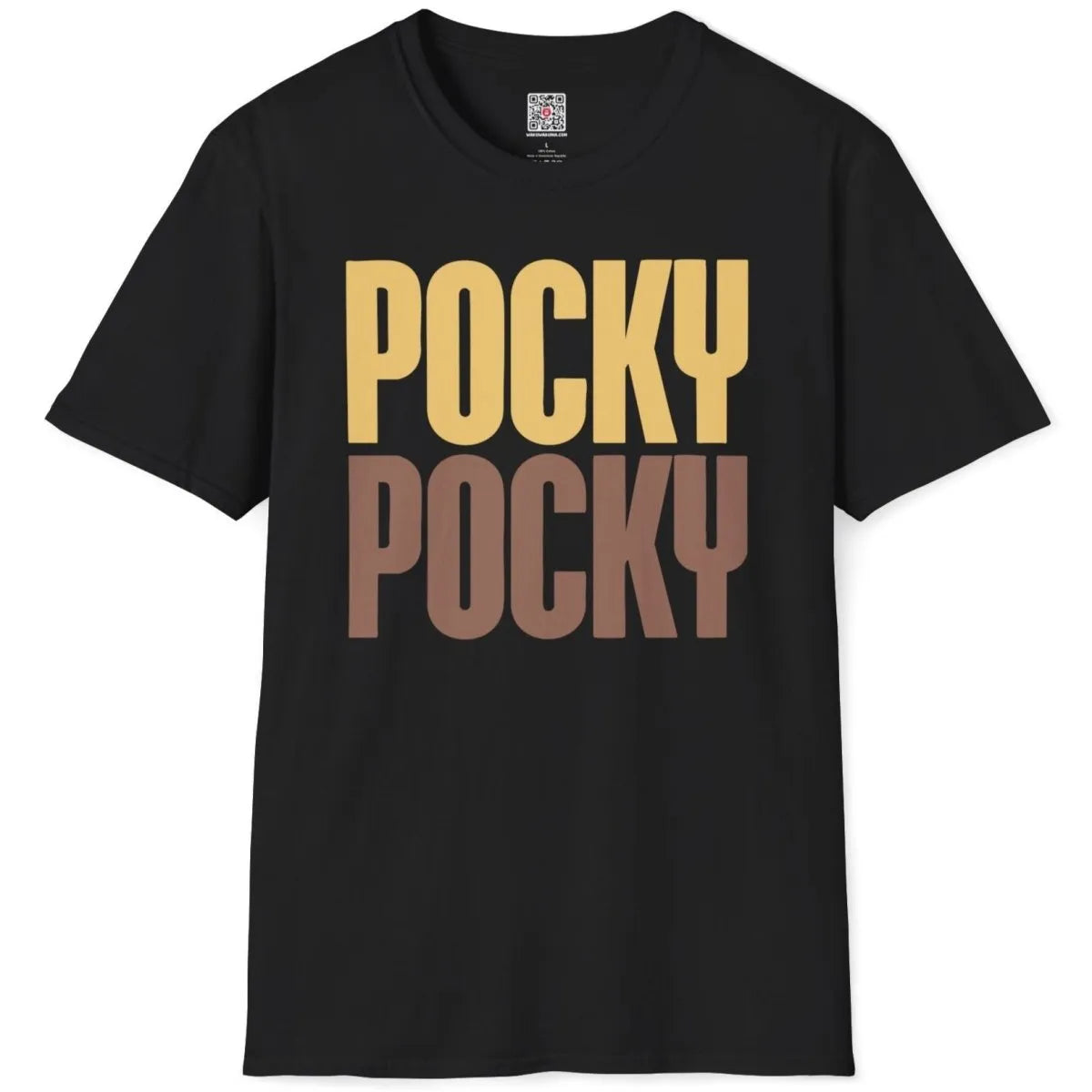 POCKY text in orange and pink on black t-shirt flatlay, bold text fonts, vibrant style.