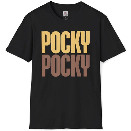 POCKY text in orange and pink on black t-shirt flatlay, bold text fonts, vibrant style.