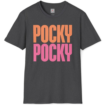 POCKY text design on dark heather t-shirt flatlay, graphic t shirts for ladies, cheerful aesthetic.