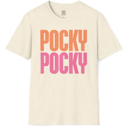 POCKY text design on natural t-shirt flatlay, kawaii design, vibrant style.