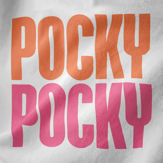 Bold orange and pink POCKY text in playful font on white fabric, cheerful aesthetic, vibrant style.