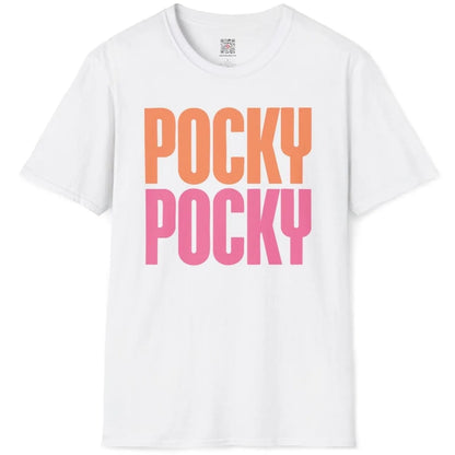 POCKY text in orange and pink on white t-shirt flatlay, playful twist, japanese snack popular.
