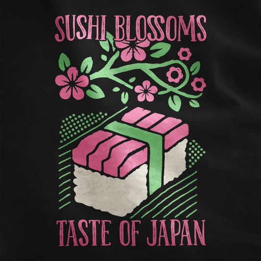 Illustrated sushi roll with cherry blossoms on black fabric, sushi shirt, cultural blend.