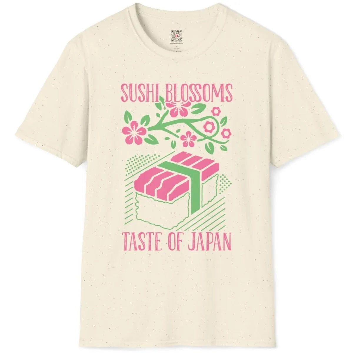 Sushi roll and cherry blossoms on natural t-shirt flatlay, harmonious palette, traditional motifs.