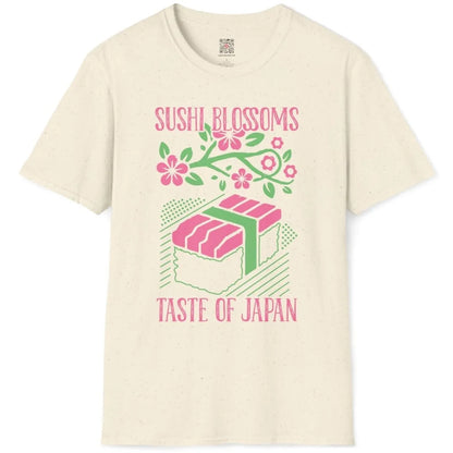 Sushi roll and cherry blossoms on natural t-shirt flatlay, harmonious palette, traditional motifs.