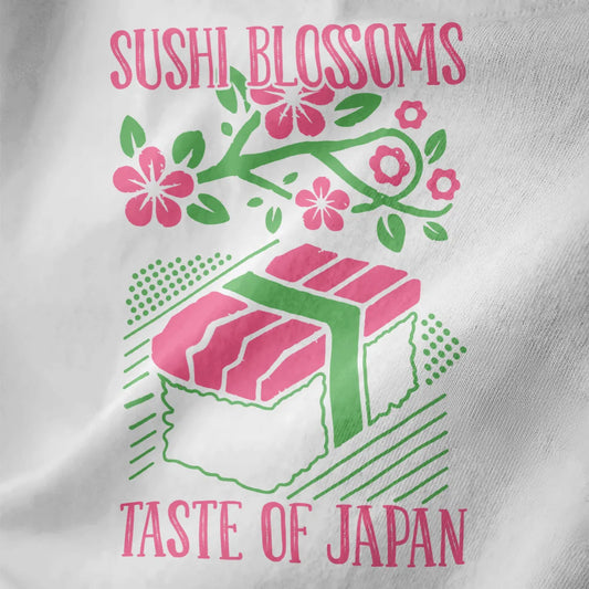 Illustrated sushi roll with cherry blossoms on white fabric, sushi art, harmonious palette.