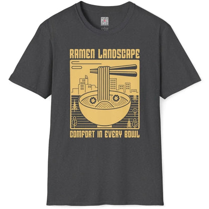Ramen bowl and cityscape on dark heather t-shirt flatlay, umami noodles, culinary landscape.