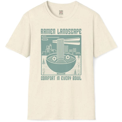 Ramen bowl and cityscape on natural t-shirt flatlay, cozy food, motion depiction.