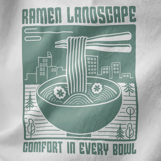 Ramen bowl with noodles and cityscape on white fabric, ramen t-shirt, cozy food.