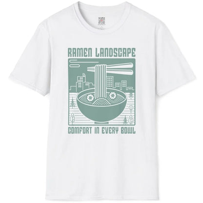 Ramen bowl and cityscape on white t-shirt flatlay, ramen shirt, traditional comfort.