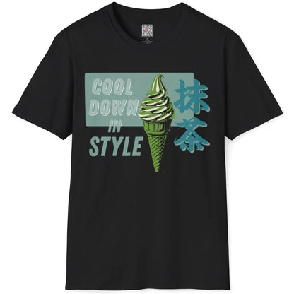 Black t-shirt flatlay with green ice cream cone, retro typography, and Japanese text shirt elements.
