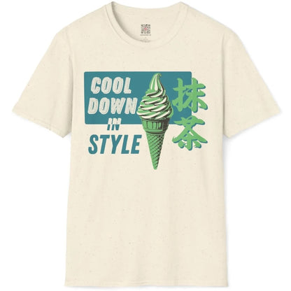 Natural t-shirt flatlay featuring green ice cream cone, retro typography, and cultural fusion design.