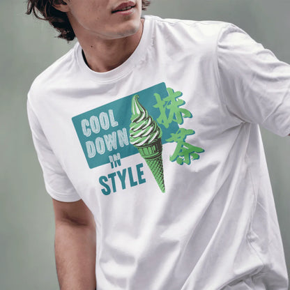 Male model wears white t-shirt with vibrant matcha ice cream art, retro text, and Japanese details.