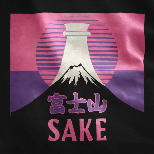 Mount Fuji and sake bottle in pink sun on black shirt, bold typography and Japanese script, heritage design.