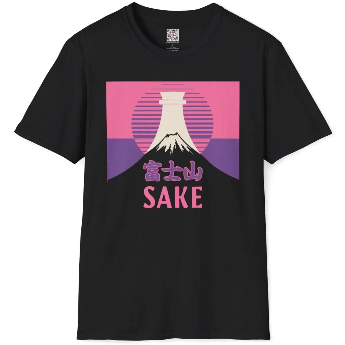 Black shirt with Mount Fuji, sake bottle, pink sun, and playful sake typography, cultural pride.