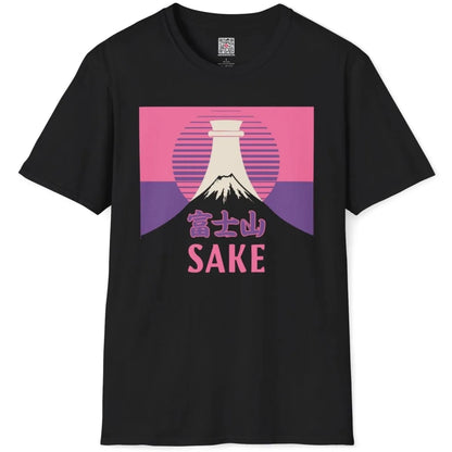 Black shirt with Mount Fuji, sake bottle, pink sun, and playful sake typography, cultural pride.