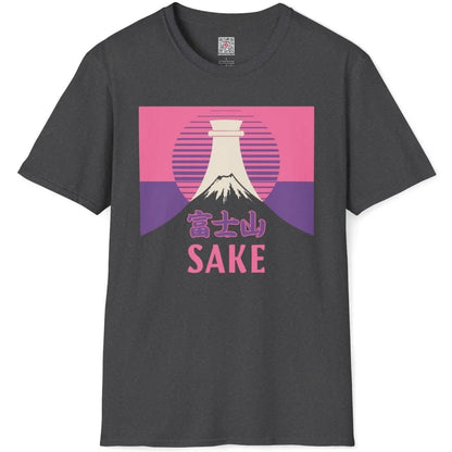 Dark heather shirt flatlay with Mount Fuji, sake bottle, pink sun, and bold sake lettering, vibrant contrast.