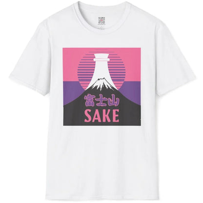 White shirt flatlay with Mount Fuji, sake bottle, pink sun, and Japanese script, traditional Japanese art.