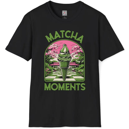 Black shirt flatlay with matcha ice cream, cherry blossoms, and Japanese garden art, food appreciation.