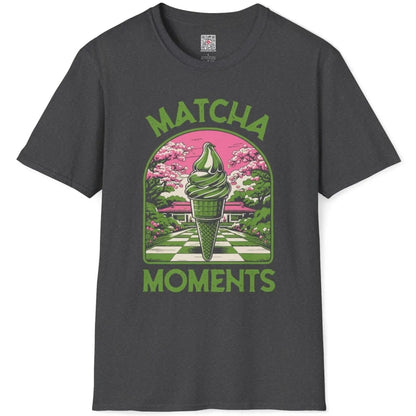 Dark heather shirt flatlay with matcha ice cream, cherry blossoms, and garden, tranquil aesthetics.