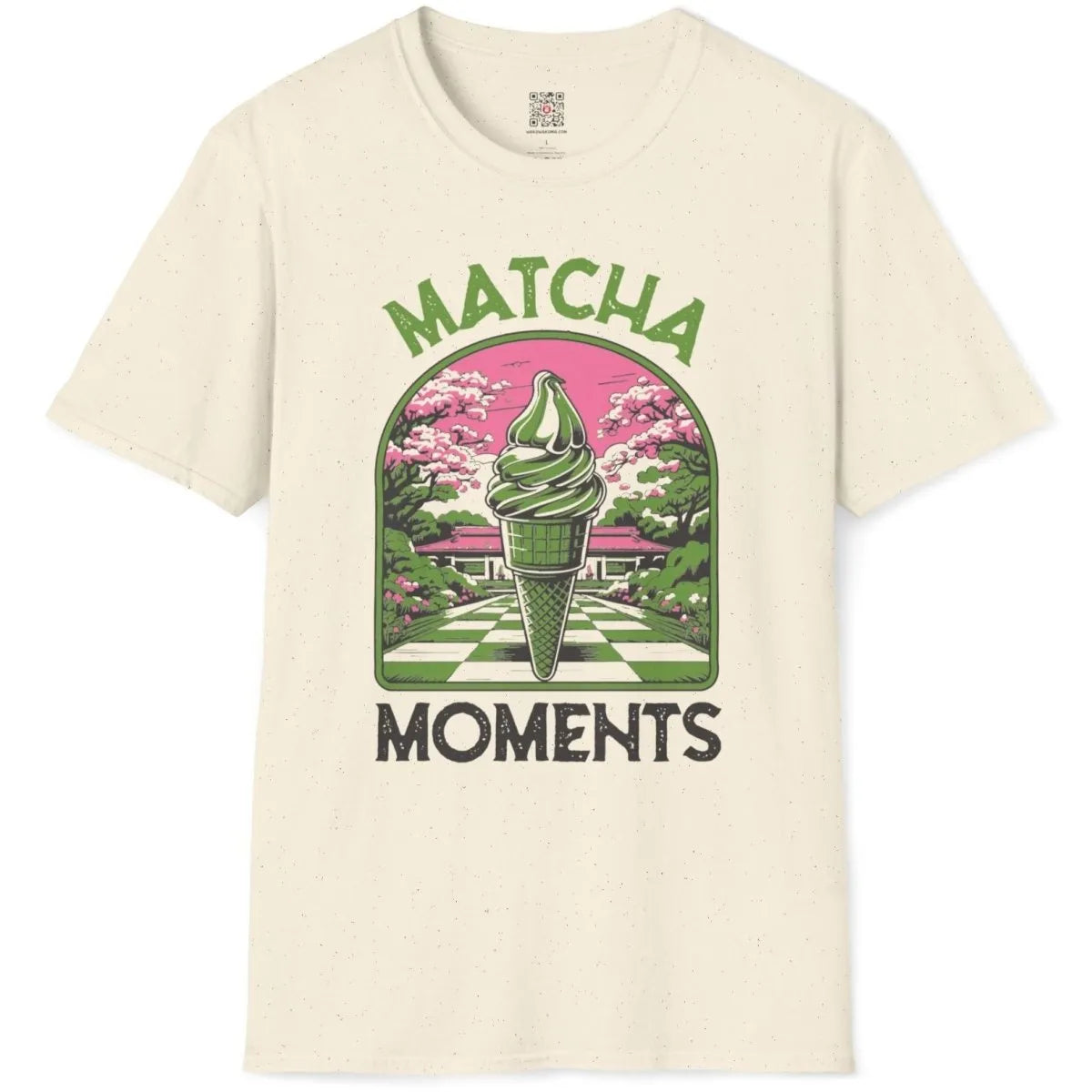 Natural shirt flatlay with matcha ice cream, cherry blossoms, and Japanese garden, seasonal delight.