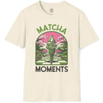 Natural shirt flatlay with matcha ice cream, cherry blossoms, and Japanese garden, seasonal delight.