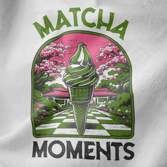 Matcha ice cream cone with cherry blossoms and garden on white shirt, kawaii design, matcha culture.