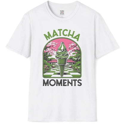 White shirt flatlay with matcha ice cream, cherry blossoms, and bold "MATCHA MOMENTS" text, serene landscape.
