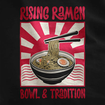 Steaming ramen bowl with chopsticks and eggs on black shirt, bold typography, ramen t shirt.