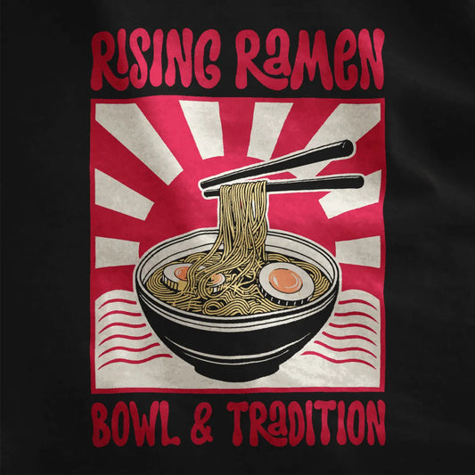 Steaming ramen bowl with chopsticks and eggs on black shirt, bold typography, ramen t shirt.
