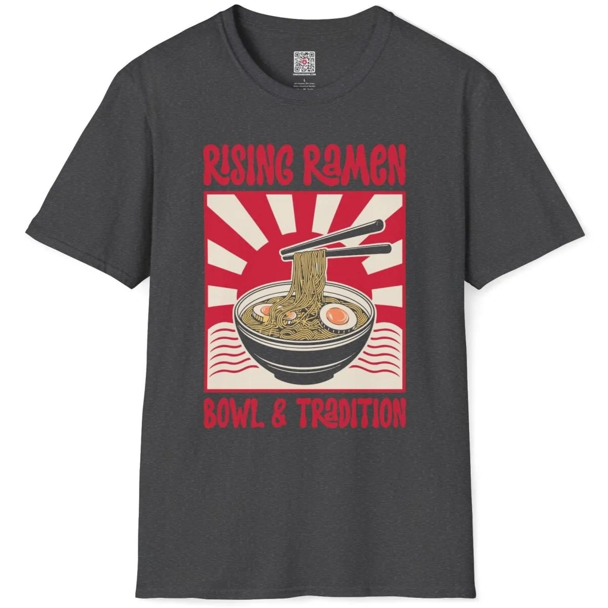 Dark heather shirt flatlay with ramen bowl, chopsticks, eggs, and red sunburst, dynamic contrast.