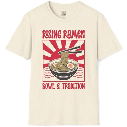 Natural shirt flatlay with ramen bowl, chopsticks, eggs, and red sunburst, cultural authenticity.