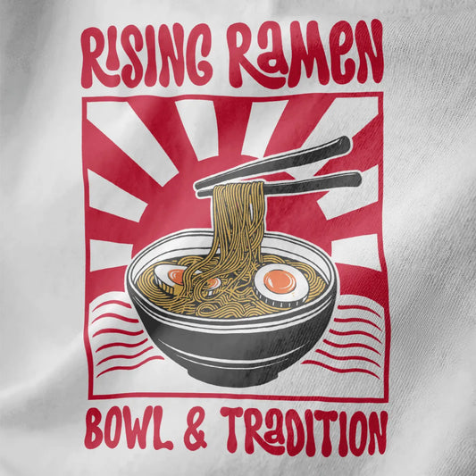 Steaming ramen bowl with chopsticks and eggs on white shirt, bold typography, ramen t shirt.