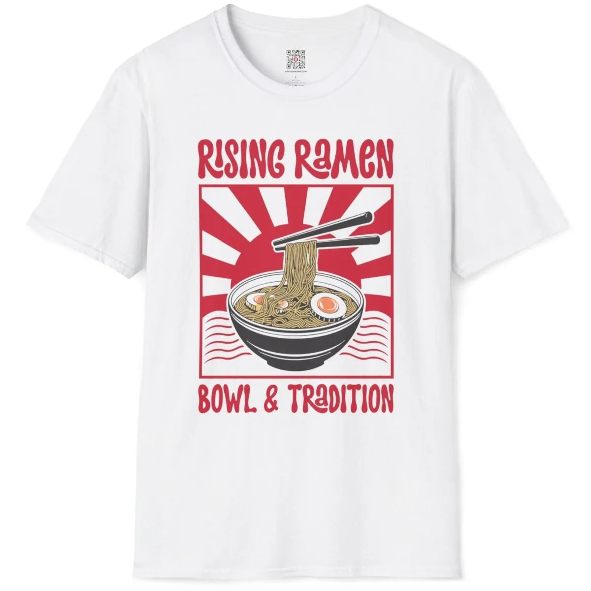 White shirt flatlay with ramen bowl, chopsticks, eggs, and bold "RISING RAMEN" text, comfort food design.