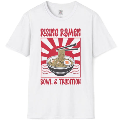 White shirt flatlay with ramen bowl, chopsticks, eggs, and bold "RISING RAMEN" text, comfort food design.