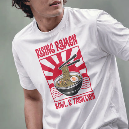 Male model in white shirt with ramen bowl, chopsticks, eggs, and dramatic "RISING RAMEN" text, culinary heritage.