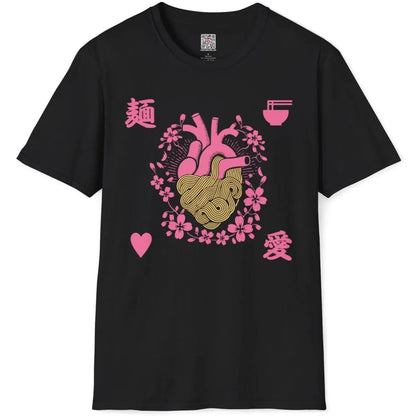 Black t-shirt flatlay with heart, noodles, and cherry blossoms, noodle passion, japanese character art.