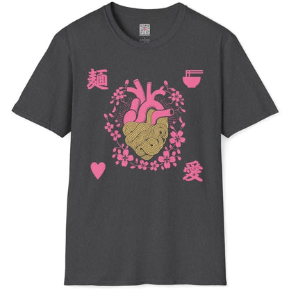 Dark heather t-shirt flatlay with whimsical heart and ramen noodle design, cultural fusion.