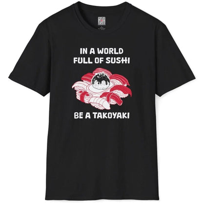 Black t-shirt flatlay with sushi and takoyaki graphic, humorous quote, and bold contrast, sushi culture.