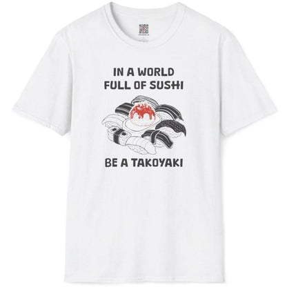 White flatlay t-shirt with sushi t-shirt design, red plate takoyaki, and bold statement for cultural identity.
