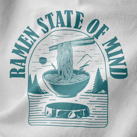 Teal ramen bowl illustration with pine trees and mountain on white fabric, ramen t-shirt, mountain landscape.