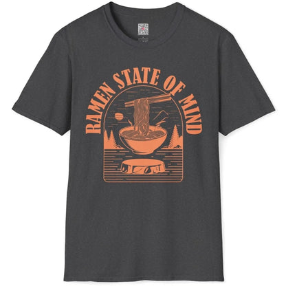 Dark heather t-shirt flatlay featuring orange ramen bowl, pine trees, and mountain, ramen t-shirt, mountain landscape.