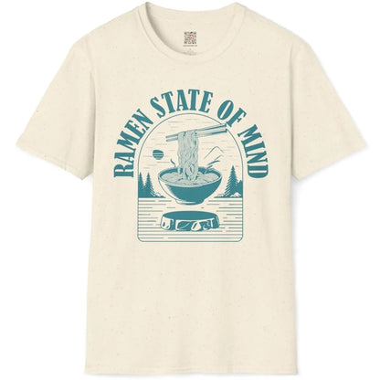 Natural t-shirt flatlay with teal ramen bowl, pine trees, and mountain, ramen t-shirt, ramen illustration.