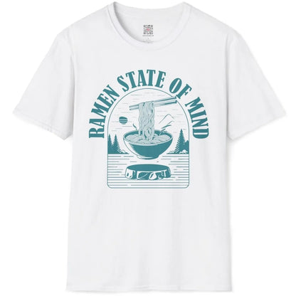 White t-shirt flatlay with teal ramen bowl, pine trees, and mountain, ramen t-shirt, ramen noodle clothing.