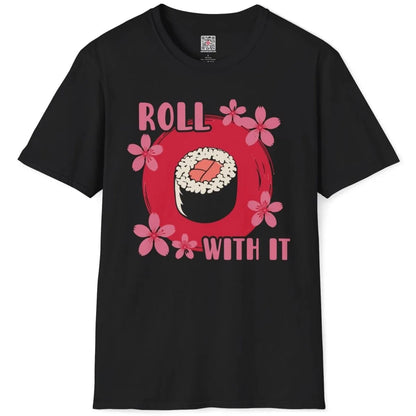 Black t-shirt flatlay with sushi roll, cherry blossoms, and bold red circle, traditional japanese art.