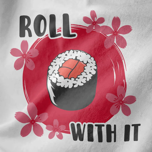 White fabric close-up of sushi roll with pink salmon and cherry blossoms, sushi t-shirt.
