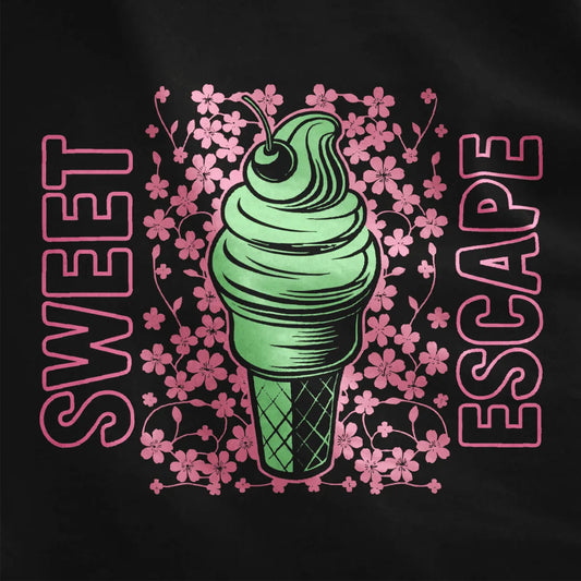 Closeup of green ice cream cone with cherry blossom art on black shirt, japanese t-shirts, cherry blossom shirt.